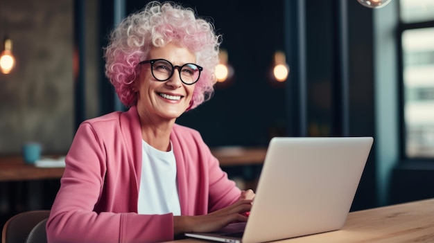 Sonriente anciana persa con cabello rizado rosa Foto Retrato de una persona de negocios en la oficina frente a una computadora portátil Ilustración horizontal fotorrealista generada por Ai