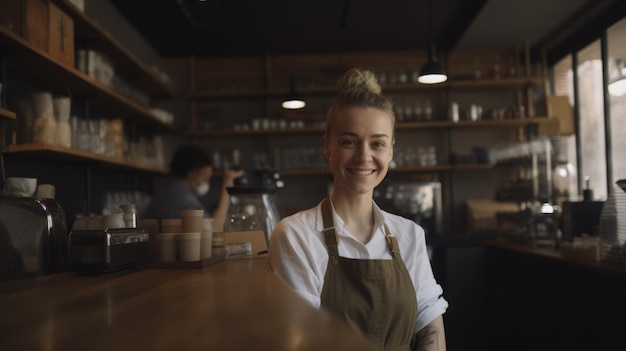 Sonriente barista caucásica con delantal de pie en una cafetería mirando a la cámara AI generativa AIG21