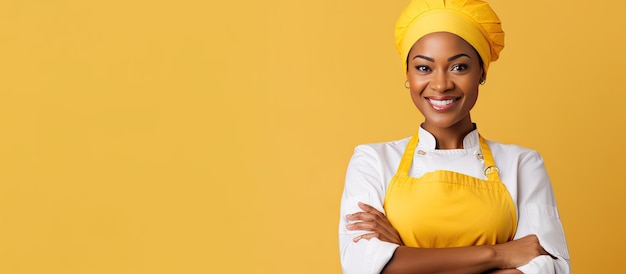 Sonriente chef afroamericana sosteniendo un guante de horno contra fondo amarillo