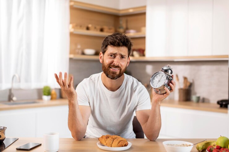 Foto sonriente, confundido, cansado, soñoliento, adulto, europeo, hombre, en, camiseta, asimiento, despertador, se extiende, el suyo, brazos, a, lados, en la mesa