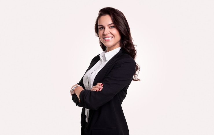 Foto sonriente empresaria elegante en traje