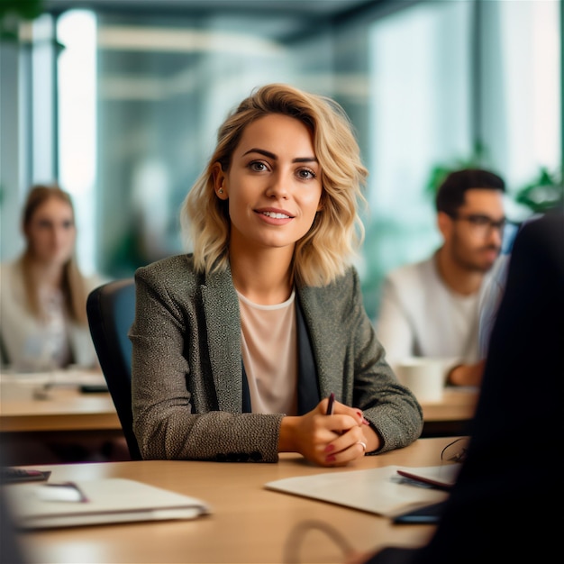 Sonriente empresaria trabajando en su escritorio Profesional y atractiva IA generada