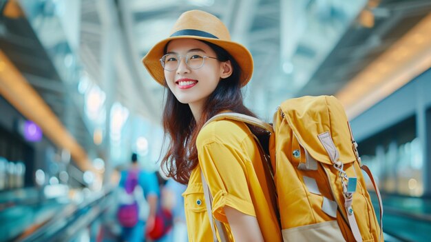 Sonriente y encantadora viajera asiática con mochila en el área en blanco de la terminal contemporánea del aeropuerto Explorando la idea del viaje de aventura