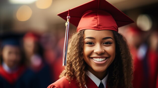 Sonriente estudiante asiática con toga académica y gorro de graduación con diploma