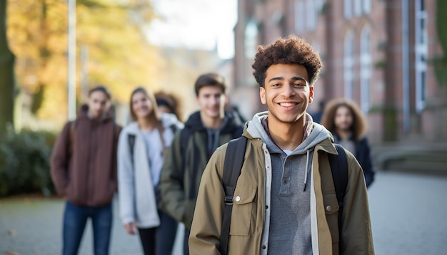 un sonriente estudiante internacional de 17 años en una universidad en Alemania