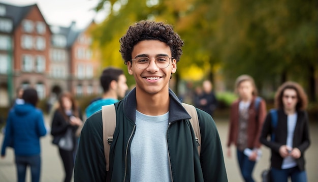 un sonriente estudiante internacional de 17 años en una universidad en Alemania