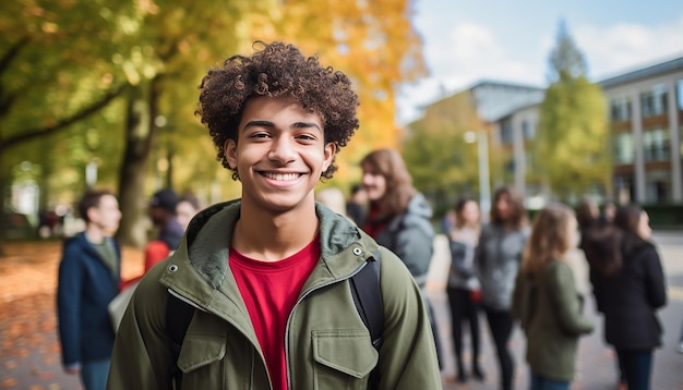 un sonriente estudiante internacional de 17 años en una universidad en Alemania