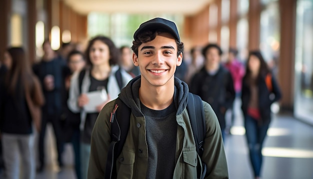 un sonriente estudiante internacional de 17 años en una universidad en Alemania