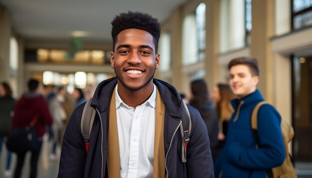 un sonriente estudiante internacional de 17 años en una universidad en Alemania