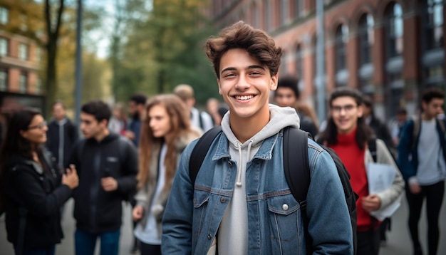 un sonriente estudiante internacional de 17 años en una universidad en Alemania