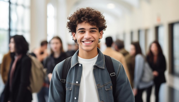 un sonriente estudiante internacional de 17 años en una universidad en Alemania