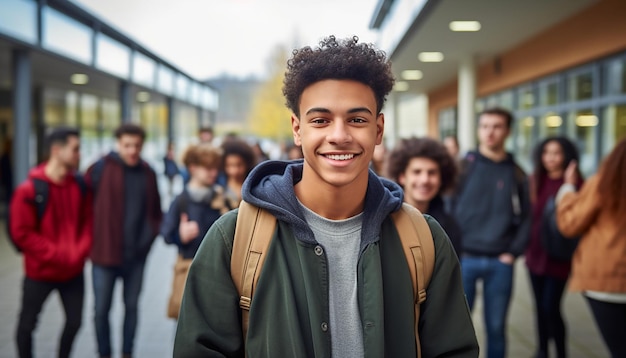 Un sonriente estudiante internacional de 17 años en la universidad de Alemania