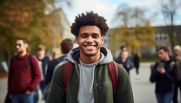 Un sonriente estudiante internacional de 17 años en la universidad de Alemania