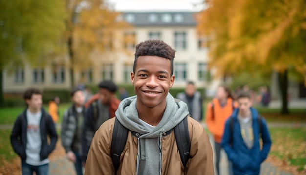 Un sonriente estudiante internacional de 17 años en la universidad de Alemania