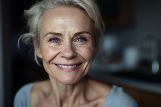 Sonriente, feliz, atractiva, de los años 50, mujer rubia madura de mediana edad, anciana mirando a la cámara, publicidad anti edad, tratamiento de la piel y el cuidado del cuerpo, cosméticos posando en el baño, primer plano, retrato de tiro en la cabeza