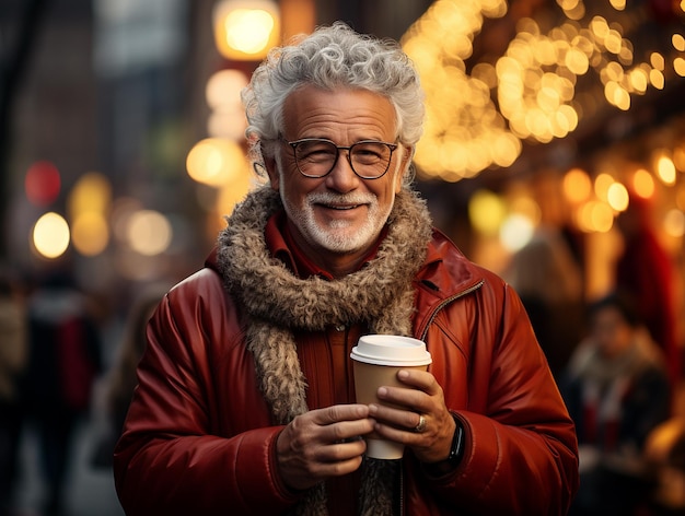 Sonriente, feliz, viejo, guapo, hombre, con, café, en, sity, calle, en, invierno, navidad, plano de fondo