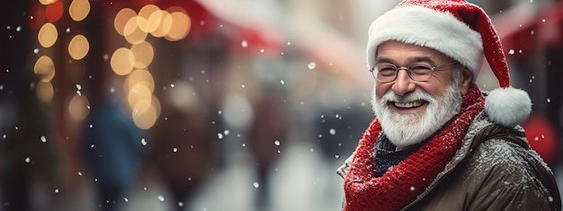 Sonriente, feliz, viejo, guapo, hombre, caminar, en, sity, calle, en, invierno, navidad, plano de fondo