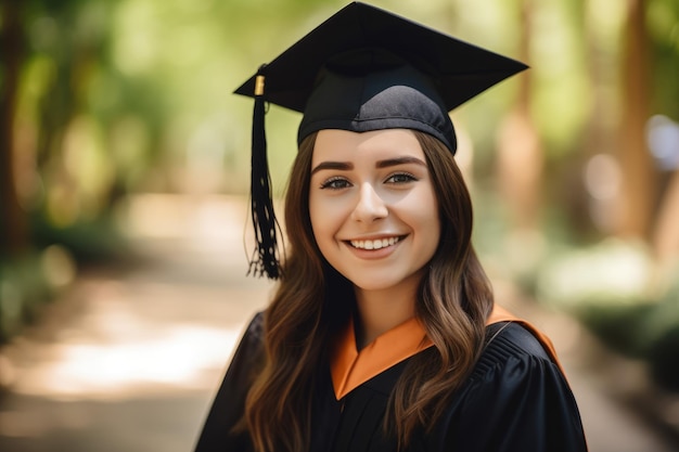 Una sonriente graduada con toga y birrete