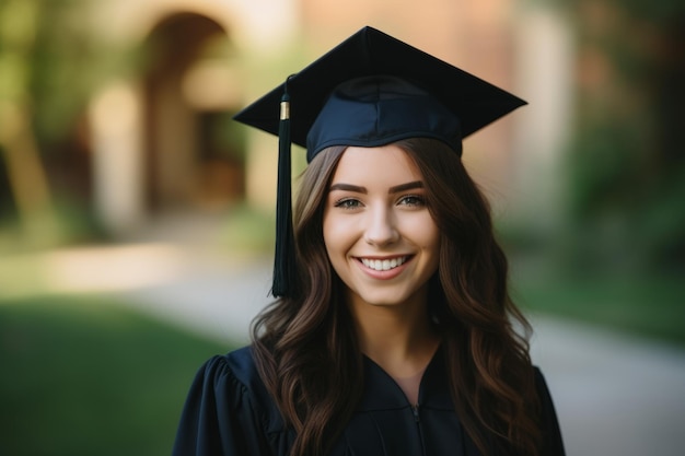 Una sonriente graduada con toga y birrete