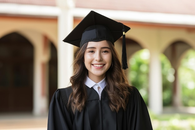 Una sonriente graduada con toga y birrete