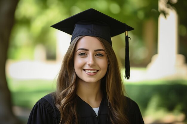 Una sonriente graduada con toga y birrete