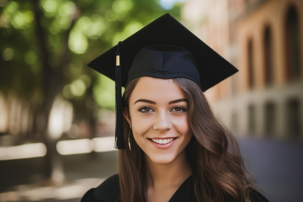 Una sonriente graduada con toga y birrete