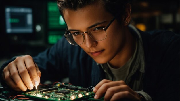 Foto sonriente y hábil adolescente con gafas protectoras soldando pequeñas partes del panel usando vendido