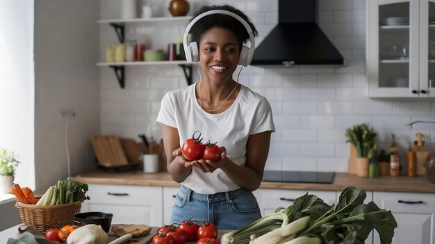 Sonriente hermosa mujer mulata está sosteniendo tomates y escuchando algo en grandes auriculares cerca de t