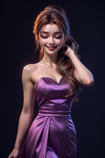 Sonriente hermosa mujer de pelo largo en vestido de noche vestido noble y elegante rostro exquisito