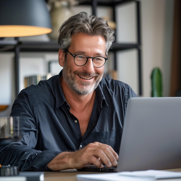 Sonriente hombre de negocios adulto ejecutivo sentado en el escritorio con la computadora portátil feliz profesional ocupado
