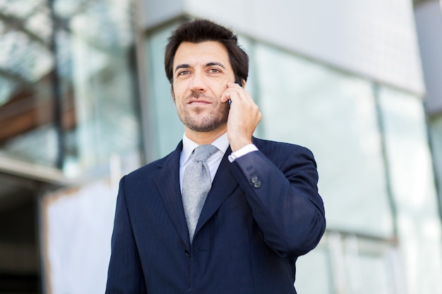 Sonriente hombre de negocios hablando en el teléfono