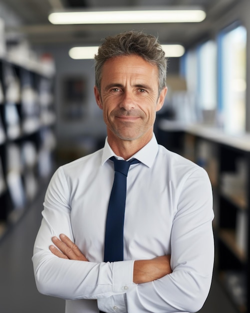 Sonriente hombre de negocios de mediana edad con camisa de vestir blanca Generado por IA