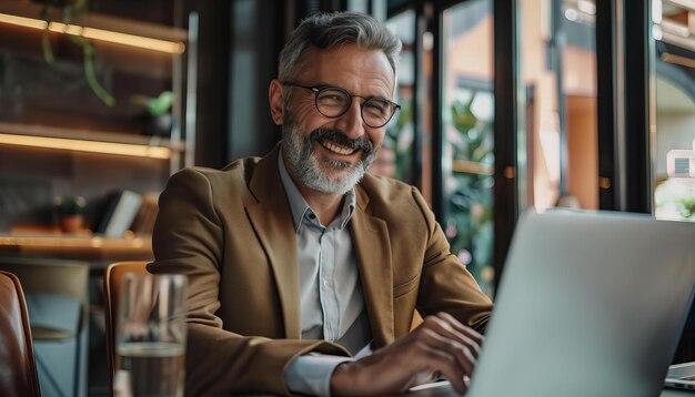 Sonriente hombre de negocios trabajando en una computadora portátil