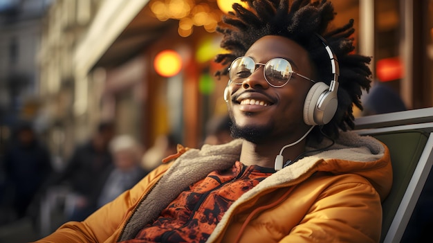 Sonriente joven afroamericano escuchar música en la calle de la ciudad ella disfrutando de un momento de re