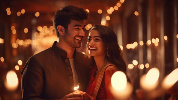 Sonriente joven alegre feliz pareja casada celebrando Diwali juntos Generativo Ai