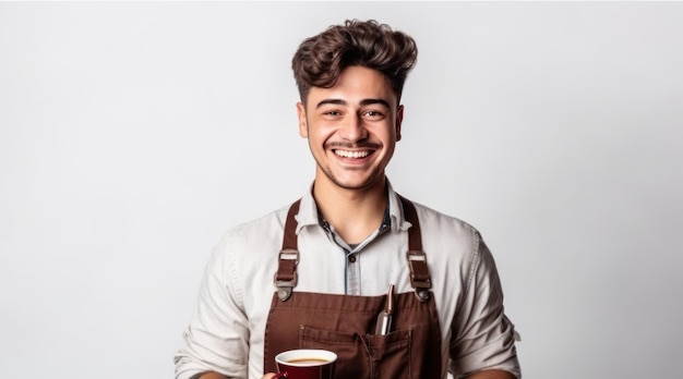 Sonriente joven caucásico barista cafetera camarero sosteniendo bebida caliente taza de papel de té con delantal aislado en fondo blanco