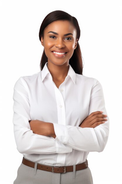 Sonriente joven empresaria afroamericana exitosa posando con confianza con los brazos cruzados para la cámara IA generativa