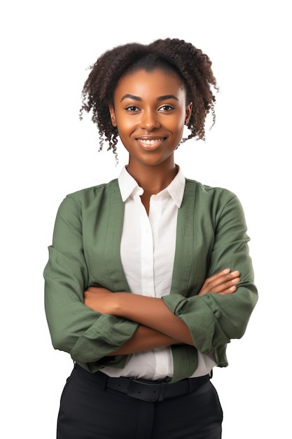 Sonriente joven empresaria afroamericana exitosa posando con confianza con los brazos cruzados para la cámara IA generativa