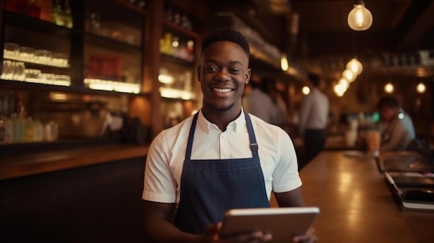 sonriente joven empresario africano con un delantal apoyado contra el mostrador de su cafetería de moda