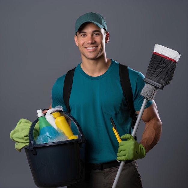 Sonriente joven y guapo chico de limpieza con camiseta y sosteniendo suministros de limpieza