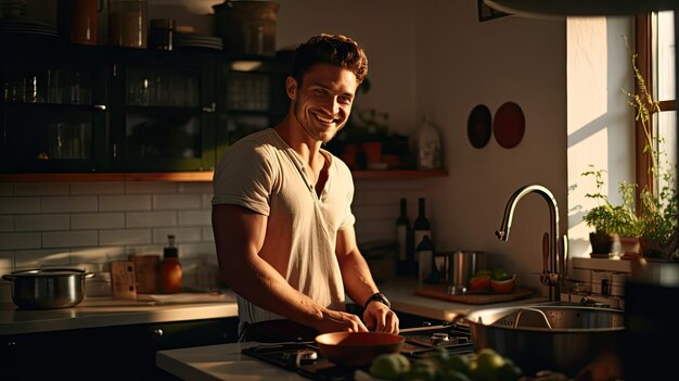 Sonriente joven guapo cocinando en la cocina