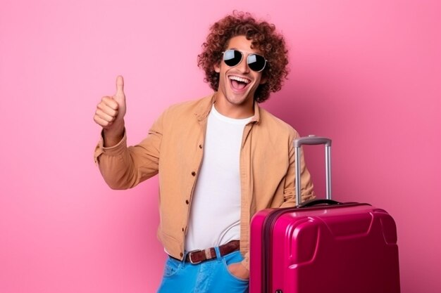 Sonriente joven guapo viajero rizado hombre con gafas de sol sosteniendo billetera y boletos de avión