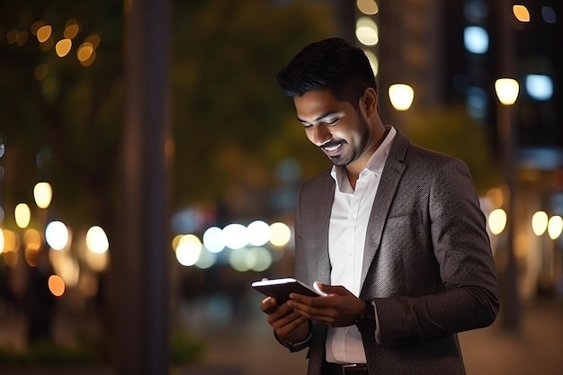 Sonriente joven hombre de negocios indio profesional ejecutivo hombre de negocios oriental de pie al aire libre en la calle leyendo un libro electrónico sosteniendo usando tableta digital tecnología en línea en la ciudad nocturna con luces urbanas