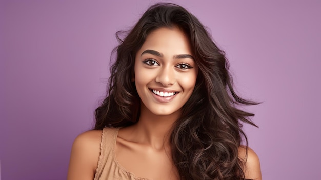 Sonriente joven india sobre fondo lila