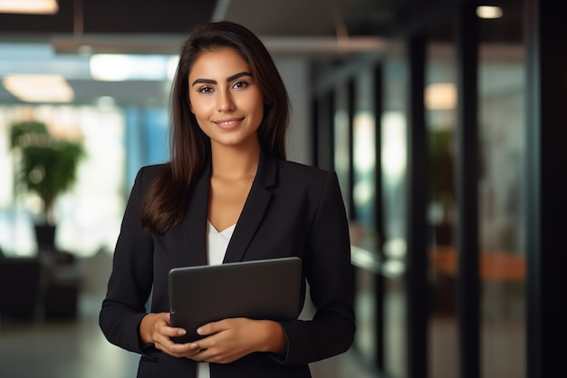 Sonriente joven latina mujer de negocios profesional gerente de marketing corporativo trabajadora que sostiene tableta digital computadora fintech ficha en el trabajo de pie en la oficina de la empresa moderna mirando a la cámara