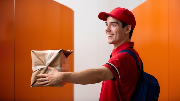 Sonriente joven mensajero caucásico en uniforme rojo y gorra de pie en vista de perfil mirando a la cámara