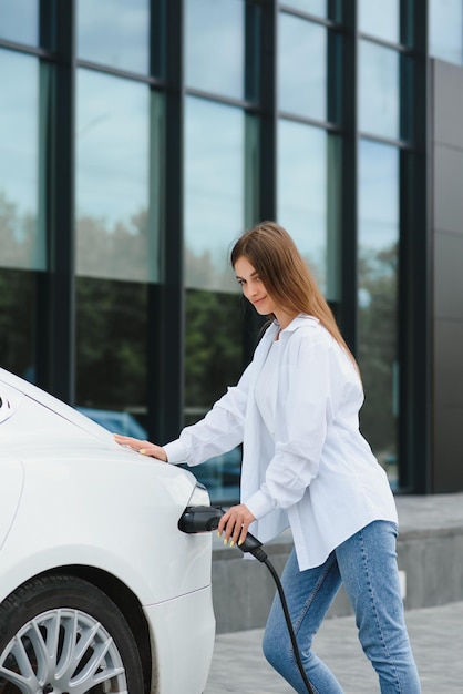 Sonriente joven mujer caucásica enchufando el cable de electricidad en el vehículo eléctrico para cargar en el soleado estacionamiento del centro comercial recortado Concepto de estilo de vida y ecología