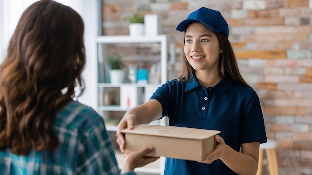 Foto sonriente joven mujer de entrega bonita en uniforme da caja de cartón a alguien mirando al frente aislado o