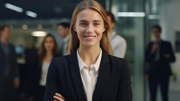 Foto sonriente joven mujer de negocios caucásica en la oficina contra el fondo de la gente