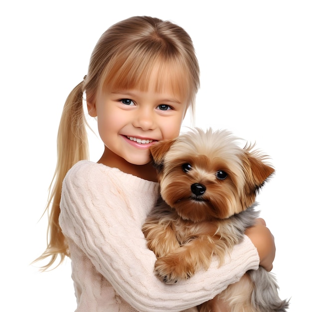 Sonriente joven rubia con perro yorkshire terrier aislado sobre fondo blanco.